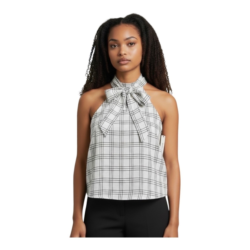Calvin Klein MSRP $69 - Women White Black Plaid Halter Tie Neck Bow Blouse Top M